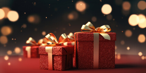Red gifts on the table. Red wrapping paper. Gift boxes with glitter. Christmas composition with confetti. Boxes on background of golden garlands. Bokeh New Year.