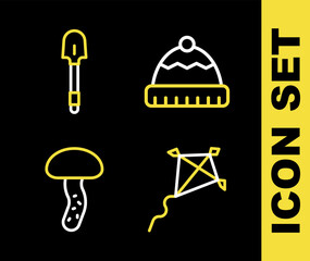 Set line Winter hat, Kite, Mushroom and Shovel icon. Vector