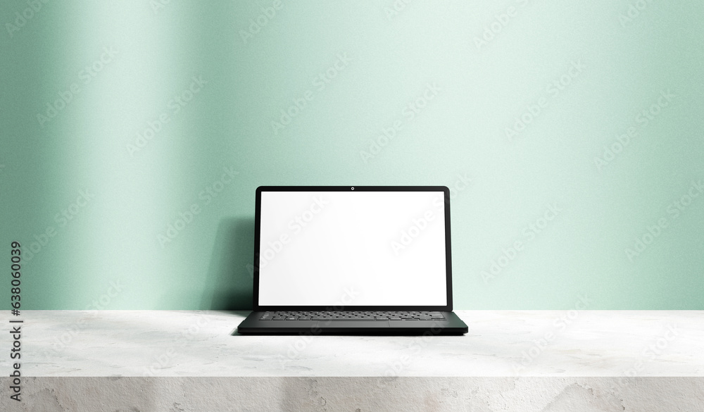 Poster laptop mock up with white blank empty screen on white concrete stage table platform and pastel wall 