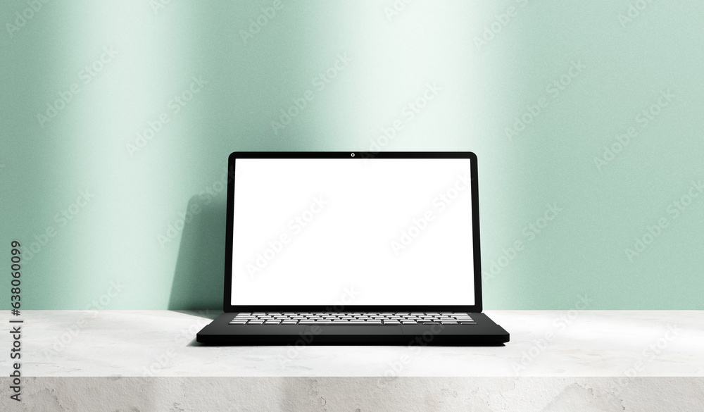 Poster Laptop mock up with white blank empty screen on white concrete stage table platform and pastel wall backdrop with lights, place for advertisement and design