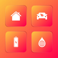 Set House, Eco car drive with leaf, Battery and Earth planet in water drop icon. Vector