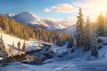 Fototapeta na wymiar Gorgeous early morning winter scene with snow covered pine trees. In a winter valley, natural beauty at its best. Soft light effects that are breathtaking in a natural setting