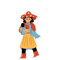 Cute Girl Character Enjoy Autumn Season Walking with Flask and Mushroom Cap Vector Illustration