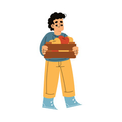 Cute Boy Character Enjoy Autumn Season Carry Crate with Apple Vector Illustration