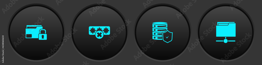 Poster set folder and lock, password protection, server with shield and ftp folder icon. vector
