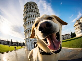 A cute dog smiles while taking a selfie in front of Leaning Tower of Pisa