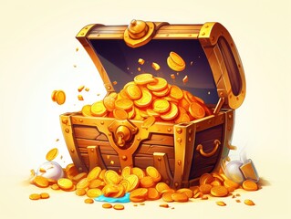 An open Treasure Chest filled with a lot of gold coins isolated on white background