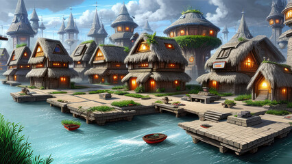 Fototapeta na wymiar Futuristic village fantasy environment in the hidden planet