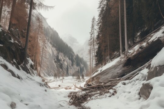 Beautiful Dolomites picture with steep rocky cliffs and a grove of snow covered fir trees.