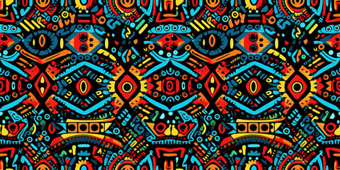 Acid ethnic trippy neon color seamless pattern. Concept: Bright psychedelic tribal designs.