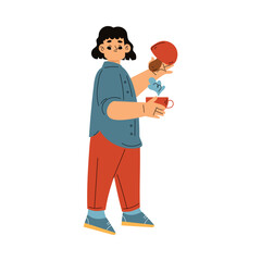 Cute Girl Character Enjoy Autumn Season Hold Cup and Mushroom Vector Illustration