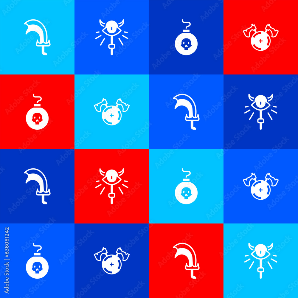 Poster set sword for game, magic staff, bomb ready to explode and medieval shield with axe icon. vector