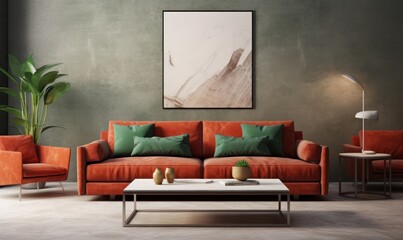 A vibrant living room with a cozy red couch, elegant furniture, and striking wall art invites one to relax and admire the delightful design