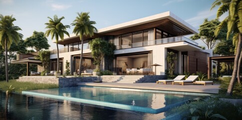 Fototapeta premium This stunningly beautiful villa with its breathtaking architecture, inviting pool, and lush, tropical palms creates an idyllic atmosphere for a perfect vacation