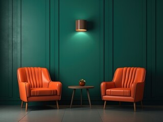Two cozy orange armchairs nestled against a wall, illuminated by a lamp on the small table between them, invite a cozy moment of rest in a softly lit room