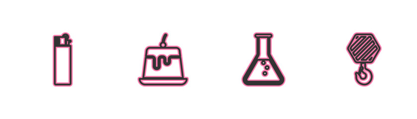Set line Lighter, Test tube and flask, Pudding custard and Industrial hook icon. Vector