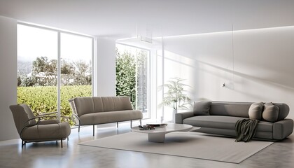 modern living room interior with gray color sofa and big space, window background