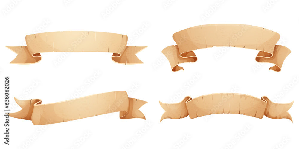 Wall mural set parchment paper scroll ribbon, old vintage banner game ui element in cartoon style isolated on w