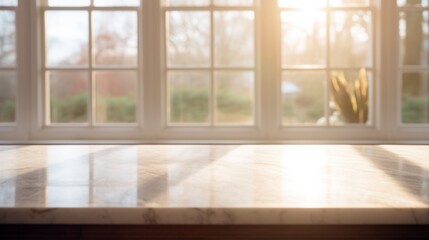 Fototapeta premium The bright daylight spilling in from the window, reflecting off the glossy marble counter top, creates a sense of airiness and elegance in the otherwise confined space
