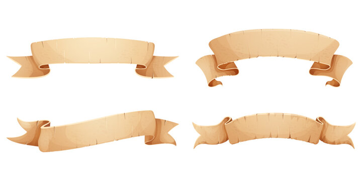 Set Parchment paper scroll ribbon, old vintage banner game ui element in cartoon style isolated on white background.