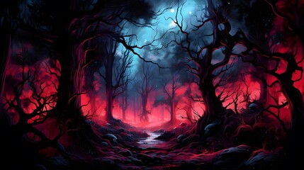 Spooky dark forest with glowing trees and full moon. Halloween background. Mystical dark scary forest with fog and footpath. Halloween background.