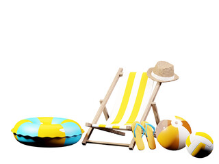 Gelb-weisser Liegestuhl mit gestreiftem aufblasbarem Ball, Strohhut, Flip-Flops und getreiftem Schwimmring, auf gelbem Hintergrund,  transparentes PNG, 3D Rendering, 3D Illustration