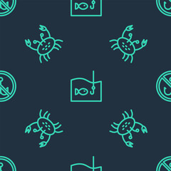 Set line Fishing hook with fish, Crab and No fishing on seamless pattern. Vector