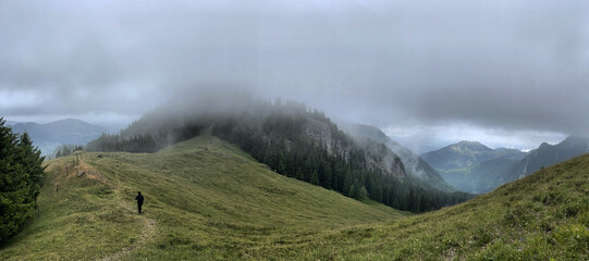 Einsamer Wanderer auf einem schmalen Pfad auf einem Berg mit Nadelwald im Hintergrund und dichten...