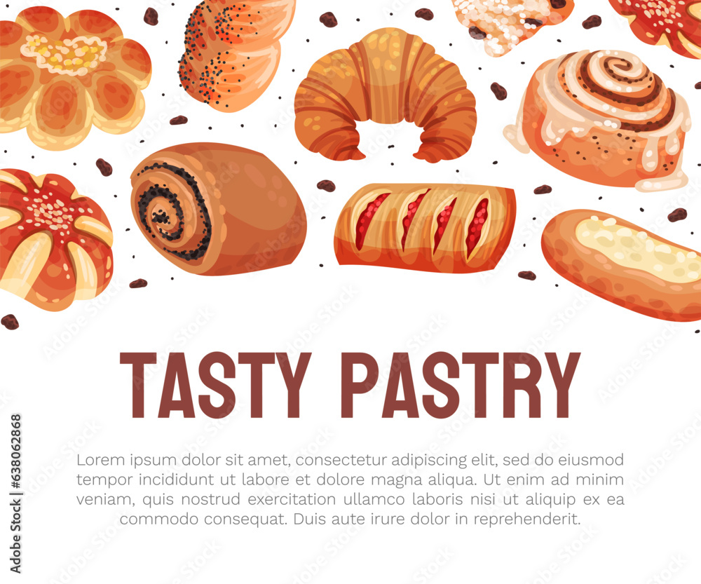 Poster baked product banner design with sweet bun and pastry vector template