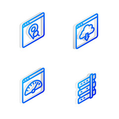 Set Isometric line Cloud download, Infographic of city map, Digital speed meter and Server icon. Vector