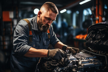 Auto mechanic working on car engine in mechanics garage 