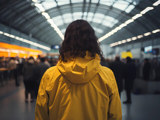 Obraz premium Woman from behind, wearing a yellow pullover with a hood at a busy train station. Stand out from a crowd or travel concept.