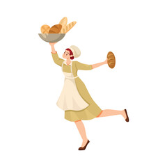 Woman Bread Baker in Uniform and Toque Carry Fresh Loaf and Pastry Vector Illustration