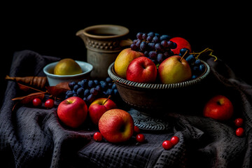 Still life with apples, pears, grapes and berries on black background