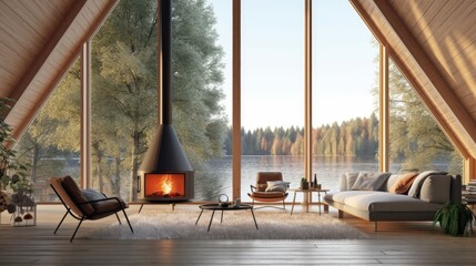 A modern Scandinavian wood house with a pleasant living room fireplace, indoor plants, a triangle shaped wide window, and a distant lake view is offered for rental as a vacation or holiday home. - obrazy, fototapety, plakaty