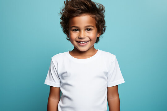 Male child boy wearing bella canvas white shirt mockup at blue background 