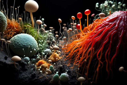 Microscopic view of soil organisms including nematodes and fungi 