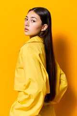 young woman girl trendy joyful fashion attractive lifestyle model beautiful yellow