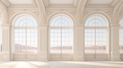 The majestic arched windows of the grand room radiate with natural light, creating a perfect balance of symmetry and architecture that evokes a sense of awe and grandeur