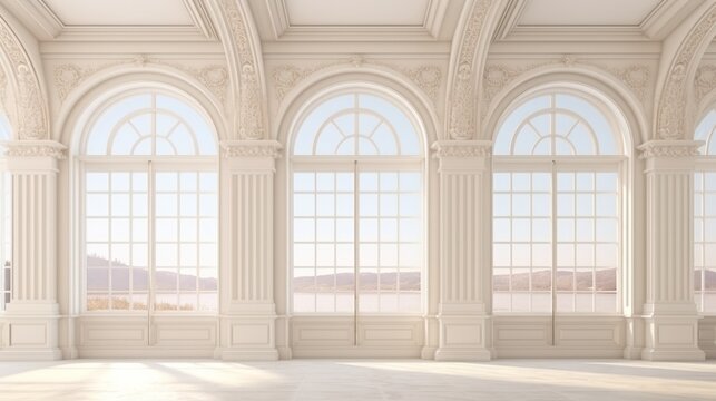 The majestic arched windows of the grand room radiate with natural light, creating a perfect balance of symmetry and architecture that evokes a sense of awe and grandeur - Powered by Adobe