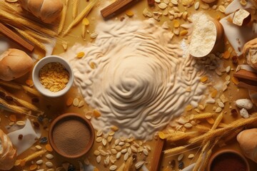 Flour and baking supplies are arranged on a wooden backdrop