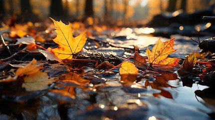 jesień opadłe z drzew liście leżą w strumyczku, zachód słońca - obrazy, fototapety, plakaty