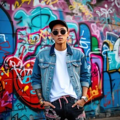 A man in fashionable denim and sunglasses stands against a vibrant, graffiti-covered mural, encapsulating the energy of the street and art