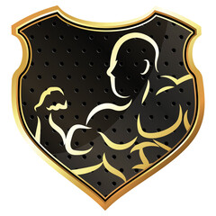 Athlete with muscles silhouette on the shield. Design for gym and fitness
