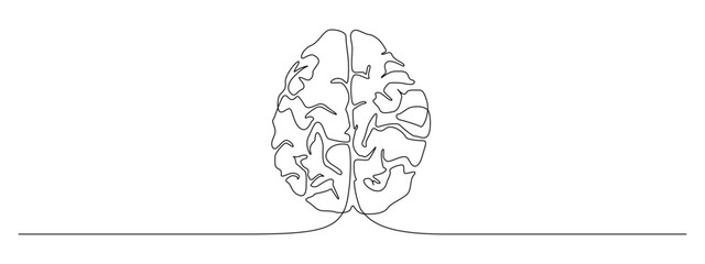 Continuous one line drawing of Human brain. Genius idea and psychology concept in simple linear style. Editable stroke. Doodle outline vector illustration - obrazy, fototapety, plakaty