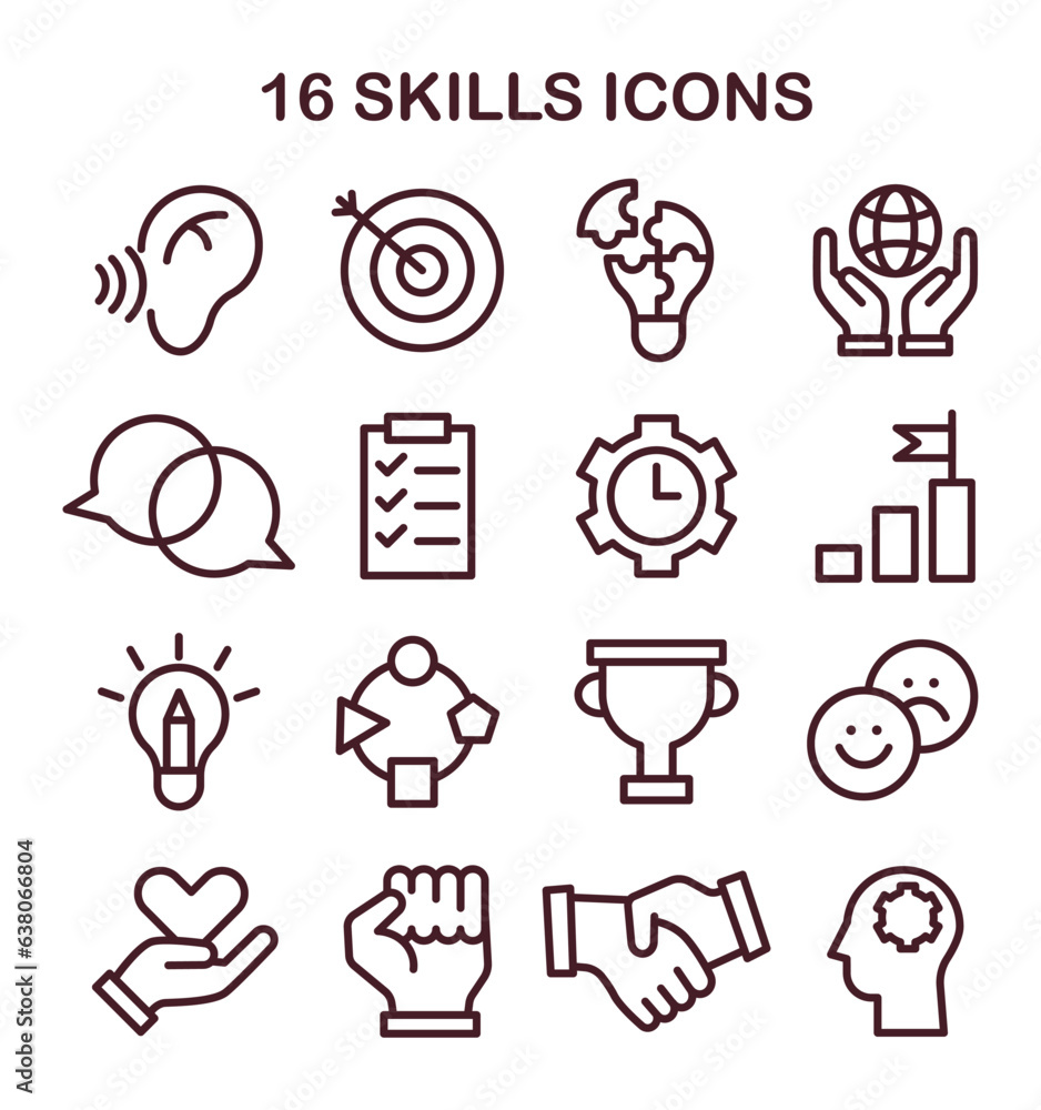Poster soft skills icons set. professional competences growth. simple linear images