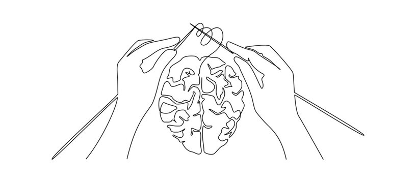 Continuous one line drawing of human hands knitting brain. Mental health and psychotherapy concept in simple linear style. Editable stroke. Doodle vector illustration