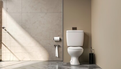 Modern, luxury wall hung toilet bowl, closed seat with dual flush, reeded glass partition, bidet, tissue paper holder, white bathtub on granite tile floor in sunlight on beige wall background 3D