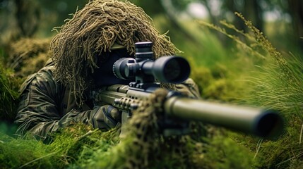 Obraz premium Sniper ghillie suit in ready position made with Ai generative technology, Person is fictional