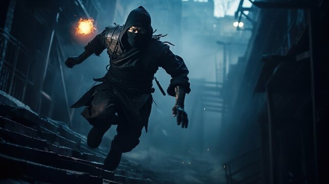 Scene of a skilled ninja at night. Created using generative AI technology.
